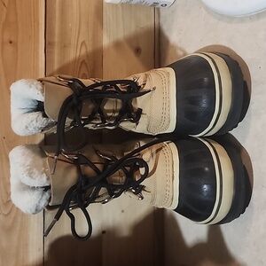 Sorel Caribou Tan Brown Leather Waterproof Insulated Snow Boots Winter Size 2